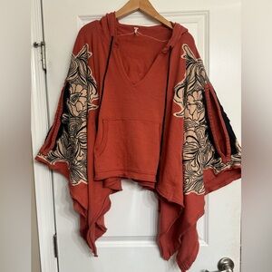 Free People Floral Embroidered Sweatshirt Poncho - Rust